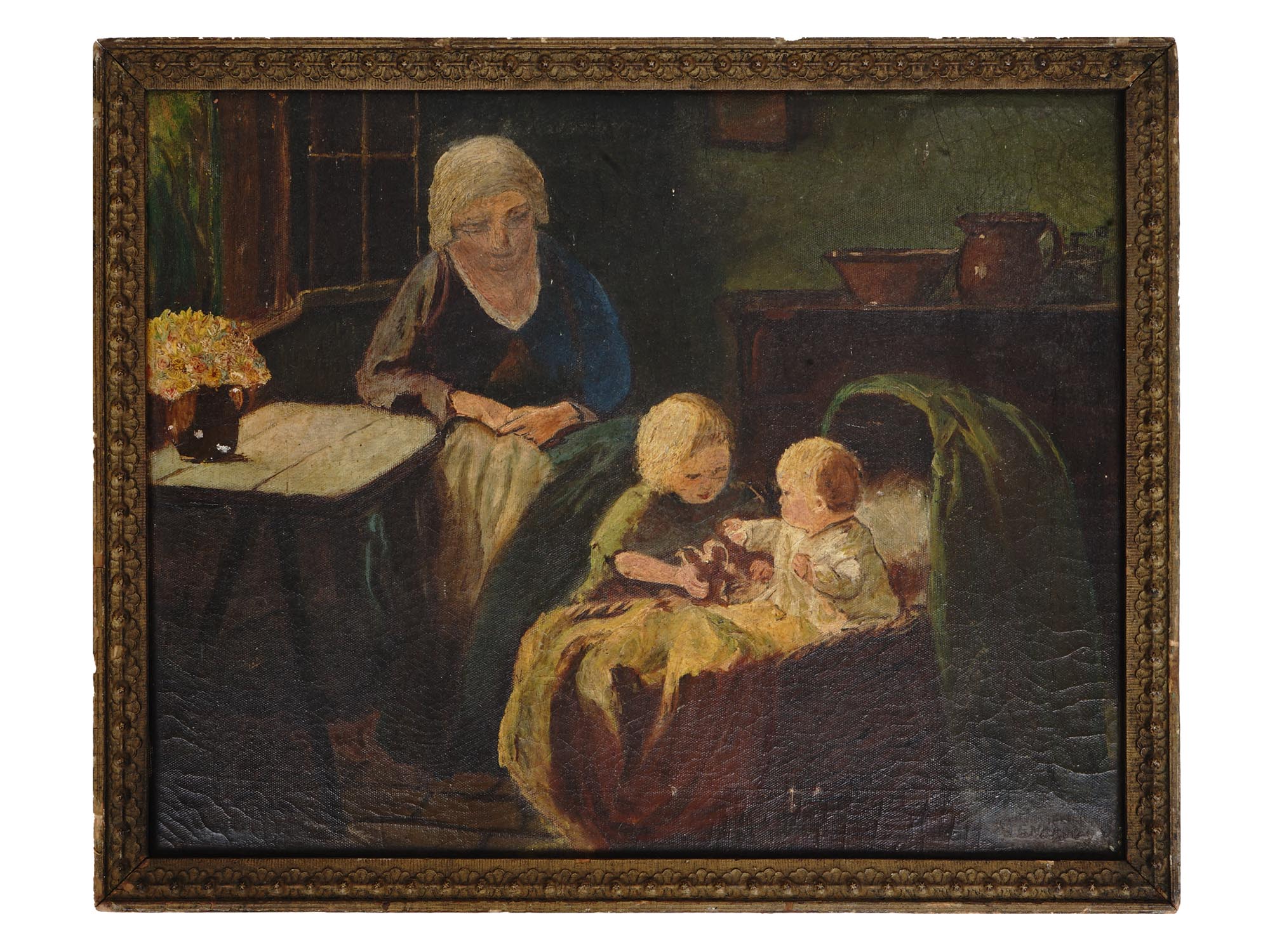 ANTIQUE INTERIOR FAMILY SCENE OIL PAINTING SIGNED PIC-0